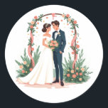 Love Bloom Wedding Sticker Runt Klistermärke<br><div class="desc">Celebrate your special day with our enchanting wedding sticker featuring a charming bride and groom under a floral arch,  perfect for your wedding planner or as a romantic gift!</div>