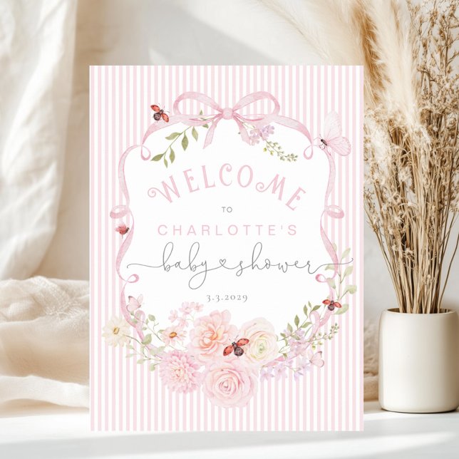 Love Bug Pink Bow Stripes Baby Shower Welcome Foam Poster (Skapare uppladdad)