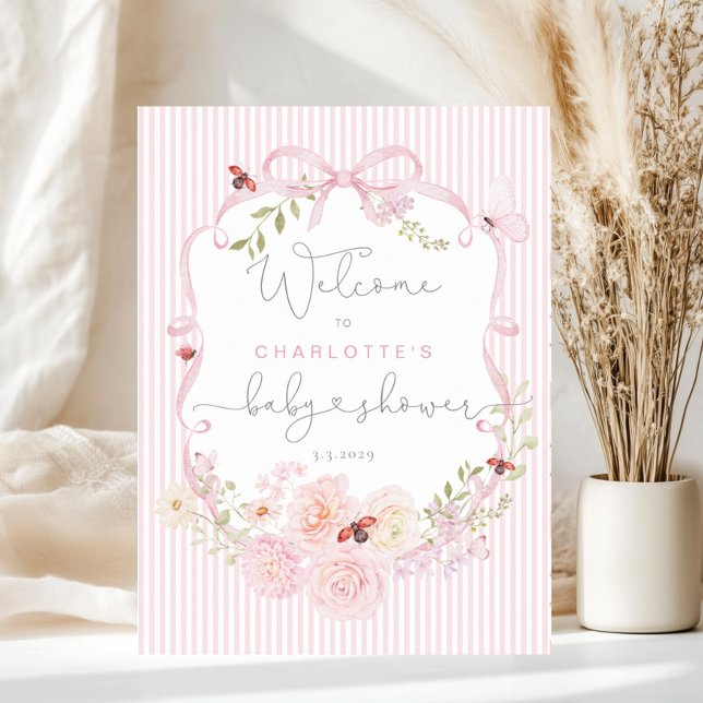 Love Bug Pink Bow Stripes Baby Shower Welcome Poster (Skapare uppladdad)