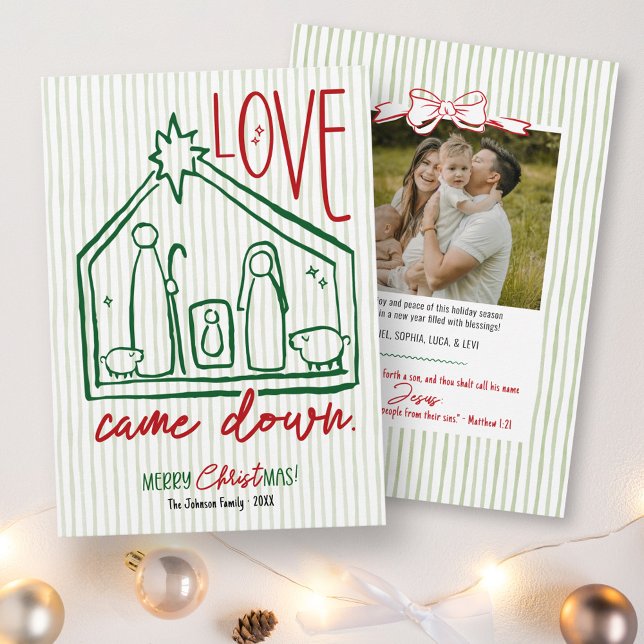 Love Came Down Handritad Krubba JULkort Foto (Love Came Down whimsical hand drawn manger Merry CHRISTmas bow bible verse unique photo holiday card)
