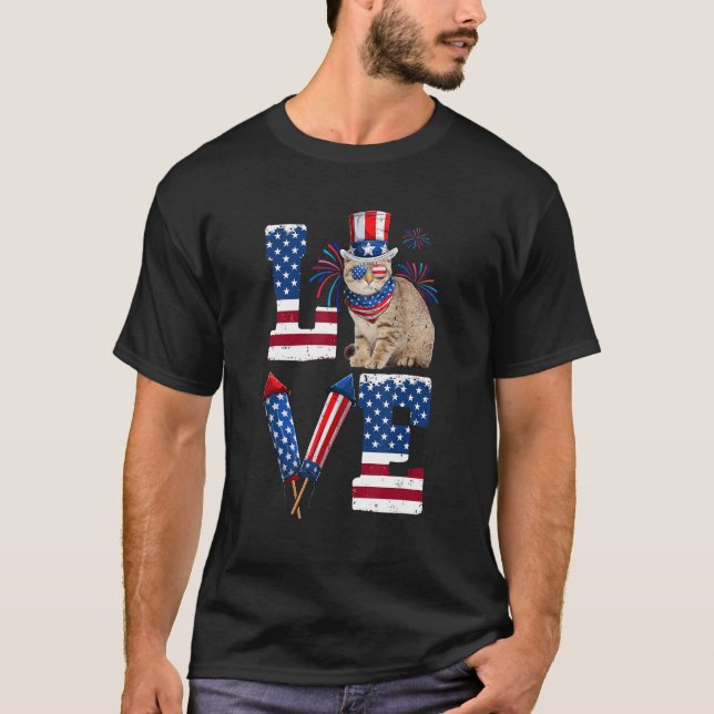 LOVE Costume American Flag Fireworks Scottish Fold T Shirt (Framsida)
