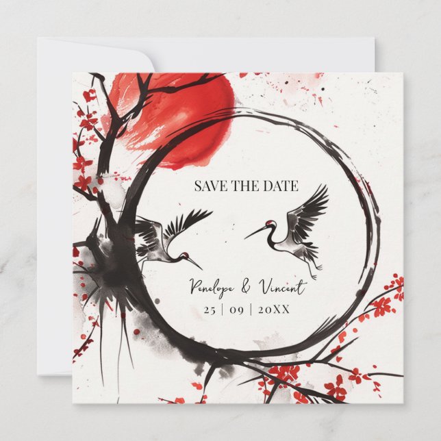 Love Cranes and Cherry Blossom Save the Date Spara Datumet (Framsida)