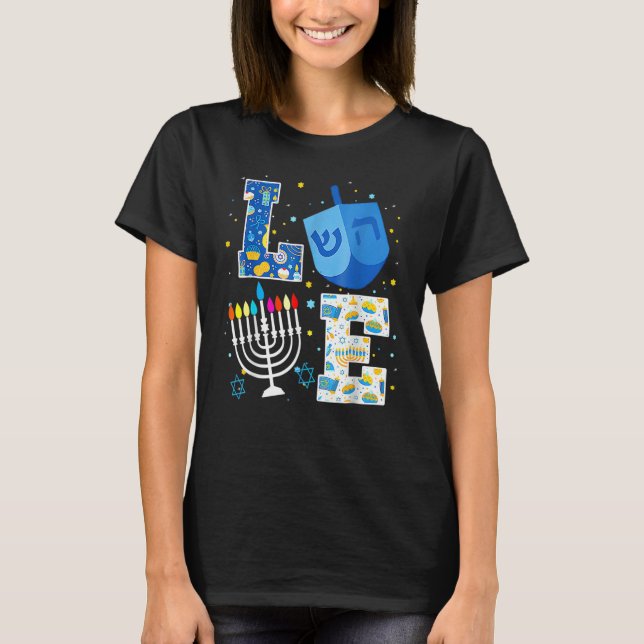 LOVE Cute Hanukkah Decorations Dreidel Menorah Cha T Shirt (Framsida)
