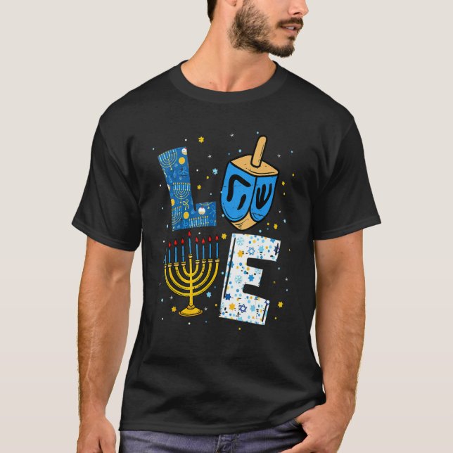 LOVE Cute Hanukkah Decorations Dreidel Menorah Cha T Shirt (Framsida)