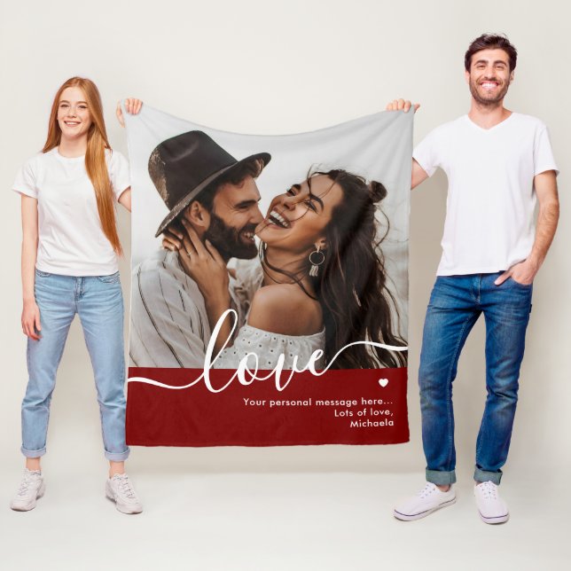 'Love' Elegant Script Foto & Personligt Meddelande Fleecefilt (På plats)