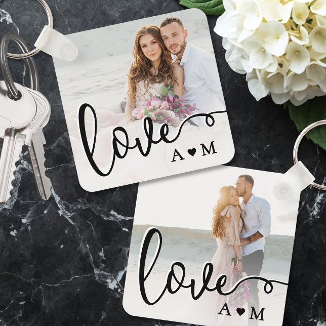 Love Elegant Script Par 2 Foto Nyckelring (Love Elegant Script Couple 2 Photo Keychain)