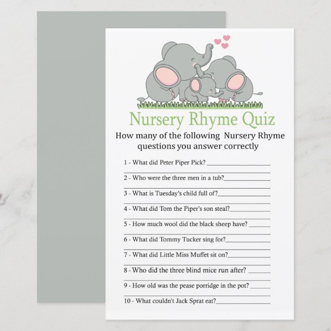 Love Elephants Nursery Rhyme Quiz baby shower-spel (Fram/baksida)