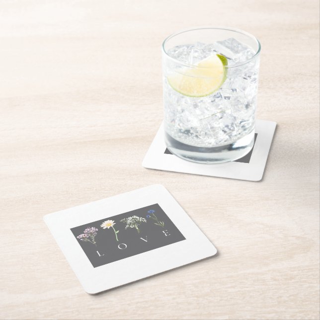 LOVE Floral  – Romantic Botanical Print Underlägg Papper Kvadrat (Insitu)