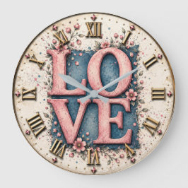 LOVE Floral Romantic Pink Flower Stor Klocka