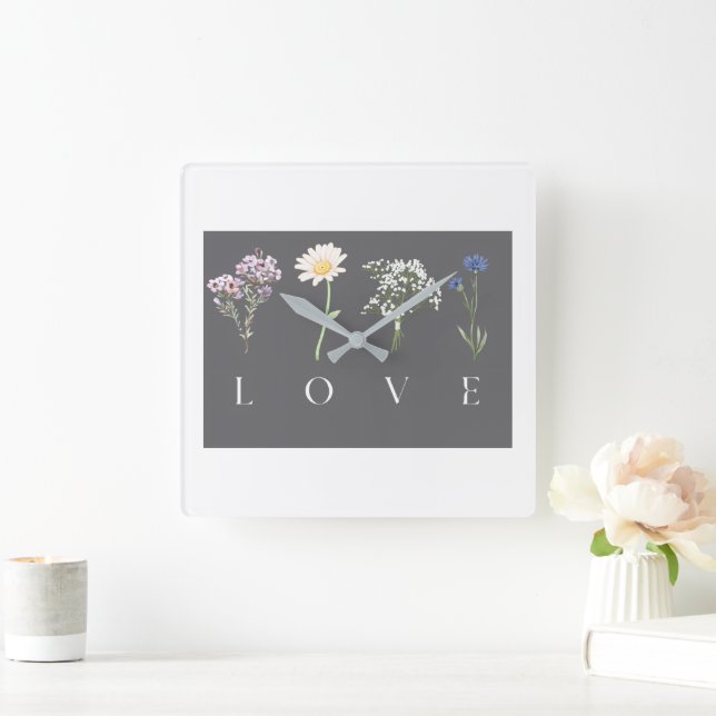 LOVE Floral  – Romantiskt Botaniskt Tryck Fyrkantig Klocka (Hem)