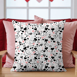 Love Gift Pillow Pink and Black Hand Drawn Hearts Kudde