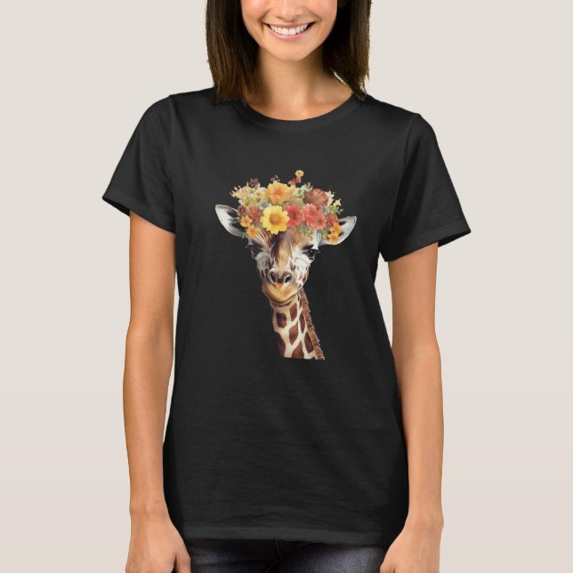 Love giraffe Women wildlife giraffe  with Flowers T Shirt (Framsida)