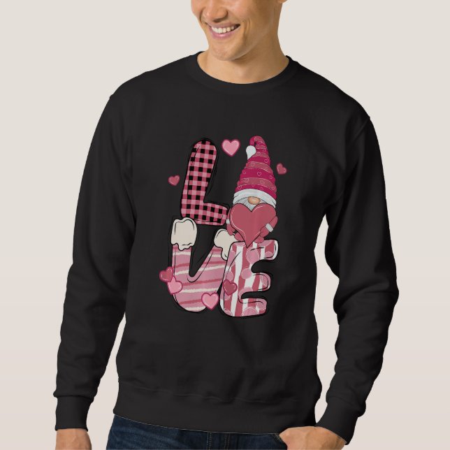 Love Gnome Holding Heart Buffalo Plaid Happy Valen Lång Ärmad Tröja (Framsida)