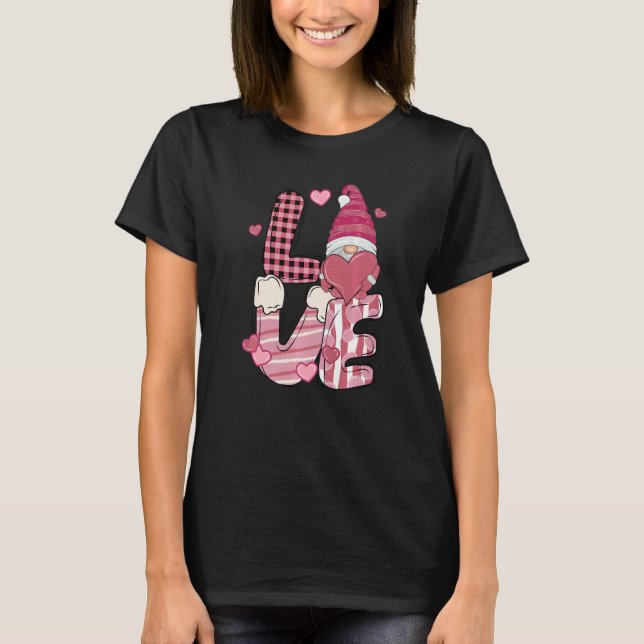 Love Gnome Holding Heart Buffalo Plaid Happy Valen T Shirt (Framsida)