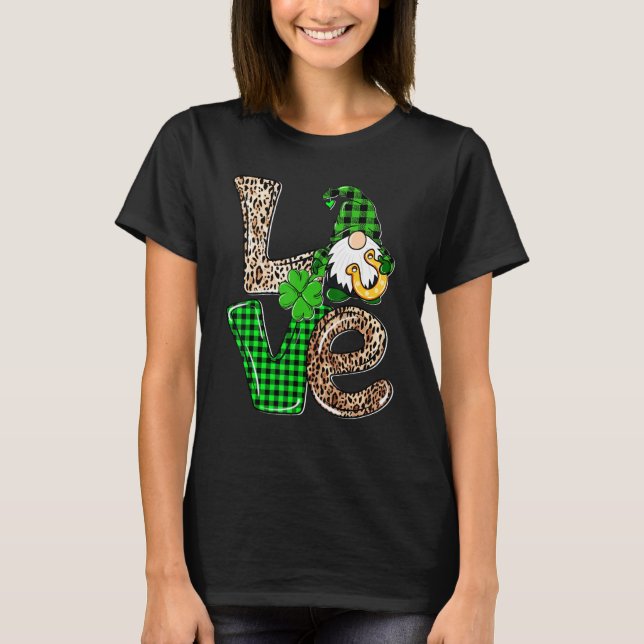 LOVE Gnomes Leopard Plaid Irish St Patricks Day Gi T Shirt (Framsida)