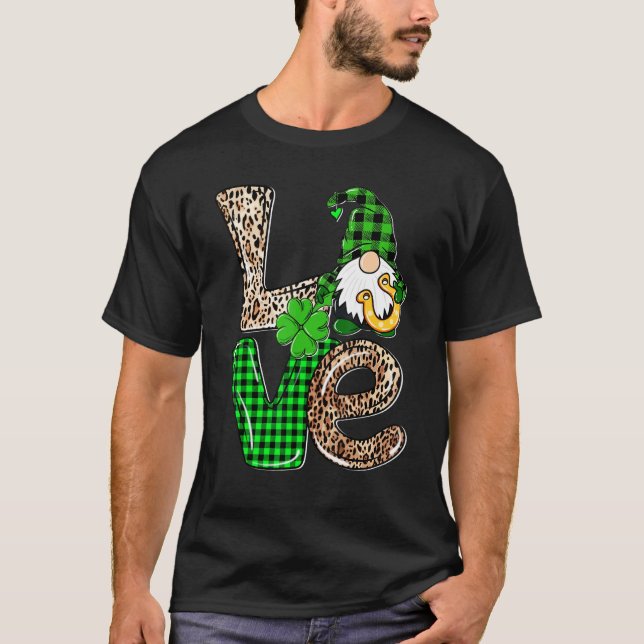 LOVE Gnomes Leopard Plaid Irish St Patricks Day Gi T Shirt (Framsida)