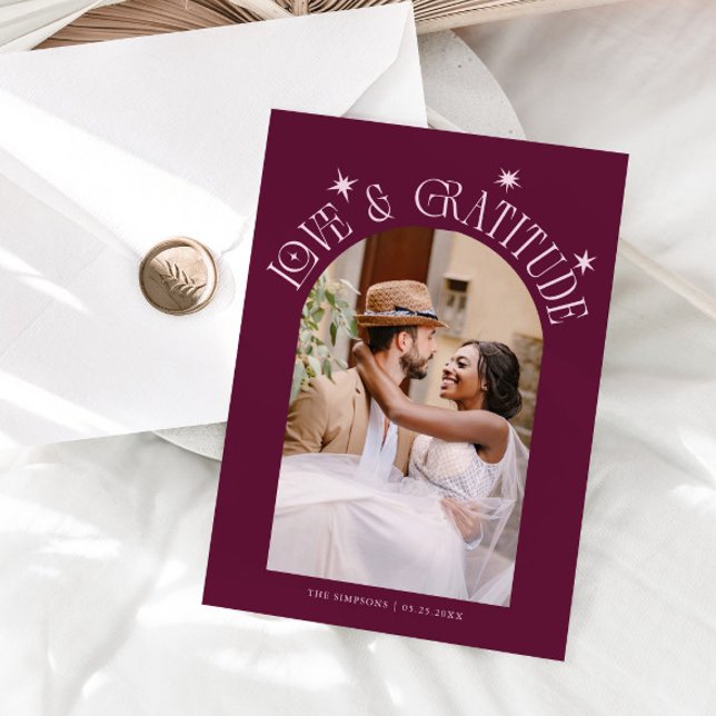 Love & Gratitude Minimal Wedding Photo Cranberry Tack Kort (Skapare uppladdad)