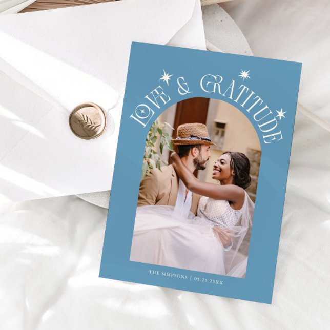 Love & Gratitude Minimal Wedding Photo Denim Blue Tack Kort (Skapare uppladdad)