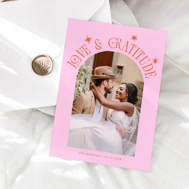 Love & Gratitude Minimal Wedding Photo Orange Pink Tack Kort (Skapare uppladdad)