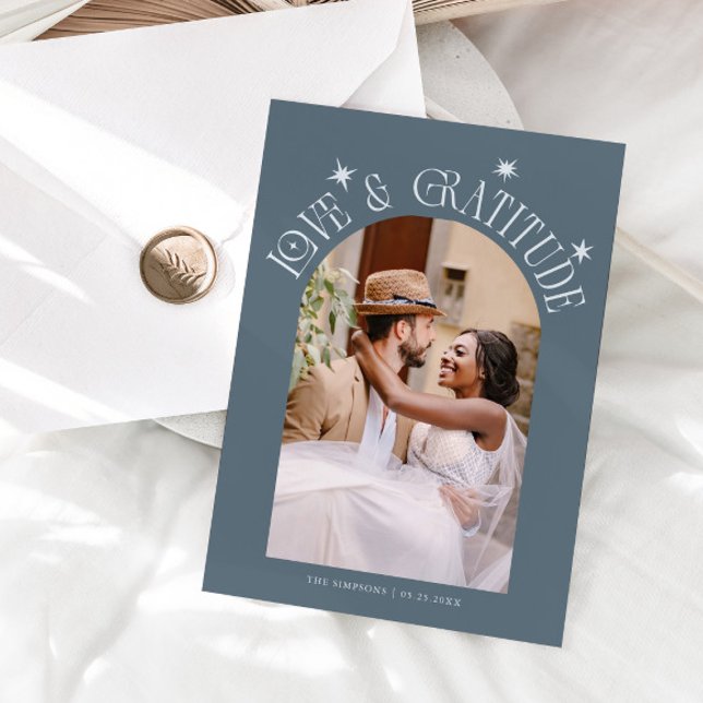 Love & Gratitude Minimal Wedding Photo Slate Blue Tack Kort (Skapare uppladdad)