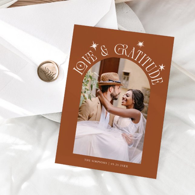 Love & Gratitude Minimal Wedding Photo Terracotta Tack Kort (Skapare uppladdad)