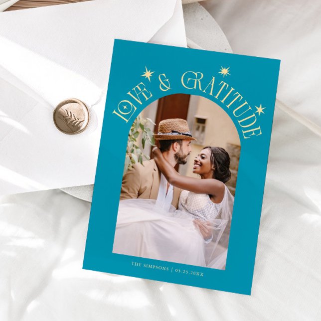 Love & Gratitude Minimalist Wedding Photo Aqua Tack Kort (Skapare uppladdad)
