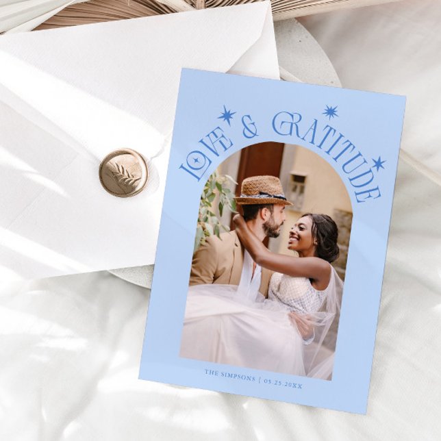 Love & Gratitude Minimalist Wedding Photo Icy Blue Tack Kort (Skapare uppladdad)