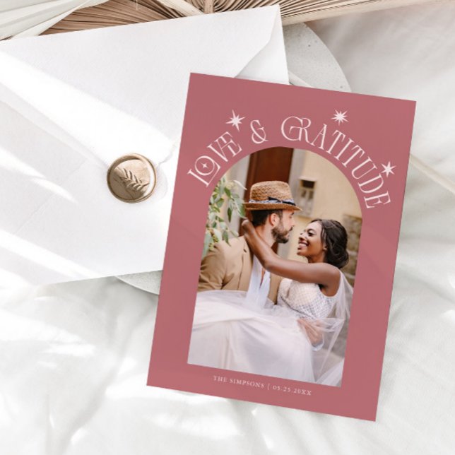 Love & Gratitude Minimalist Wedding Photo Pink Tack Kort (Skapare uppladdad)