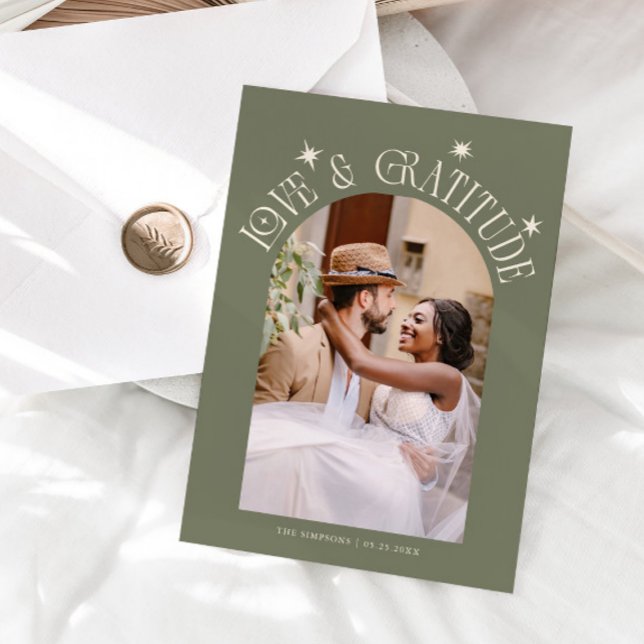 Love & Gratitude Minimalist Wedding Photo Sage Tack Kort (Skapare uppladdad)