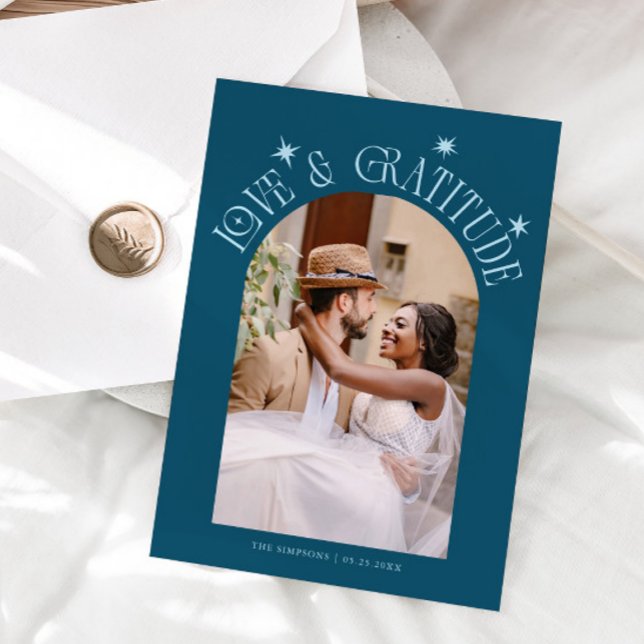 Love & Gratitude Minimalist Wedding Photo Teal Tack Kort (Skapare uppladdad)