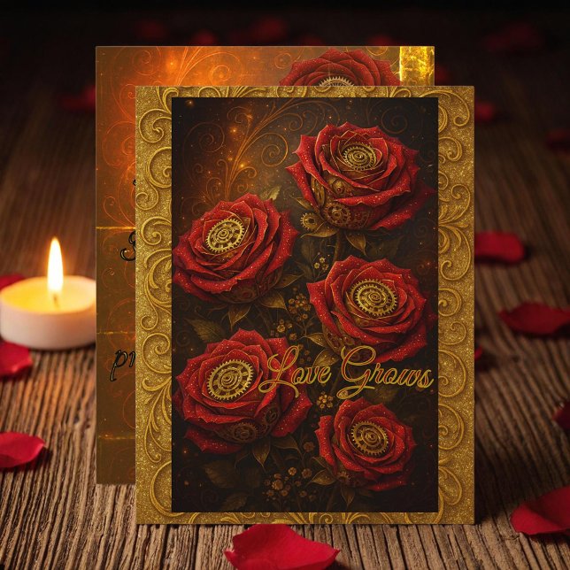 Love Grows Romantic Red Rose Gold Gears Julkort (Skapare uppladdad)