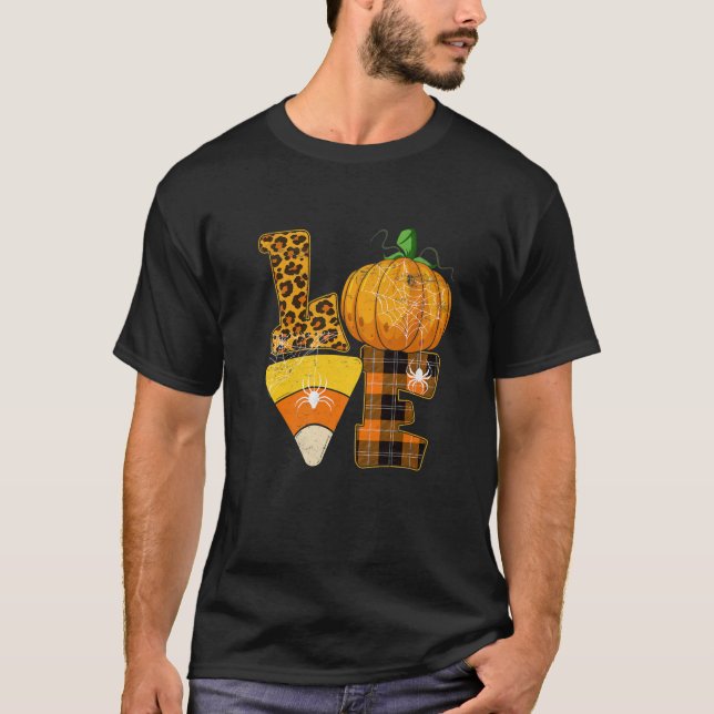 LOVE Halloween Pumpkin Funny Corn Candy Corn Leopa T Shirt (Framsida)
