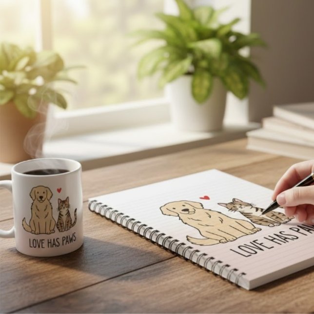 Love Has Paws | Cute Minimalist Dog and Cat Illust Anteckningsbok (Skapare uppladdad)