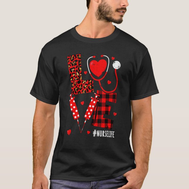 Love Heart Stethoscope Nurse Life Leopard Valentin T Shirt (Framsida)