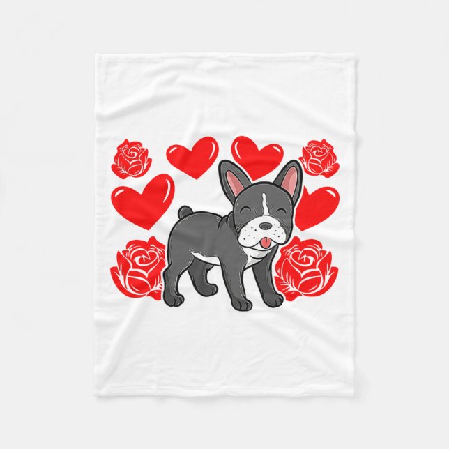 Love Heart Valentines Day Roses French Bulldog Bo  Fleecefilt (Framsidan)