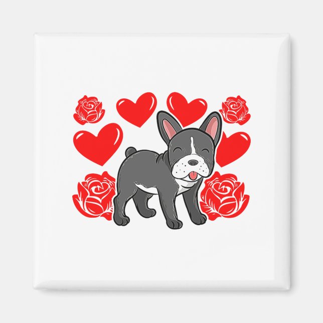 Love Heart Valentines Day Roses French Bulldog Bo  Magnet (Framsidan)