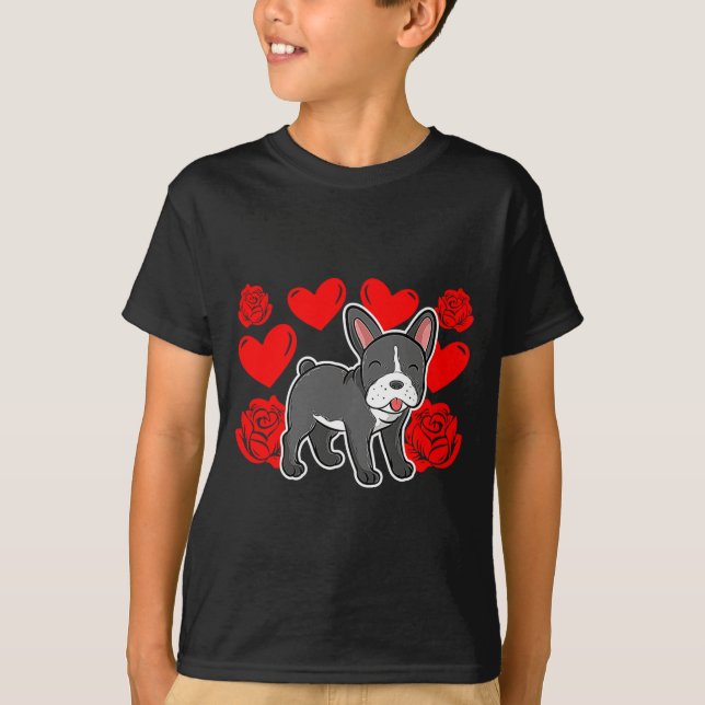 Love Heart Valentines Day Roses French Bulldog Bo  T Shirt (Framsida)