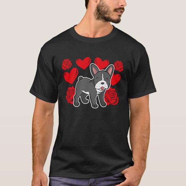 Love Heart Valentine's Day Roses French Bulldog Bo T Shirt (Framsida)