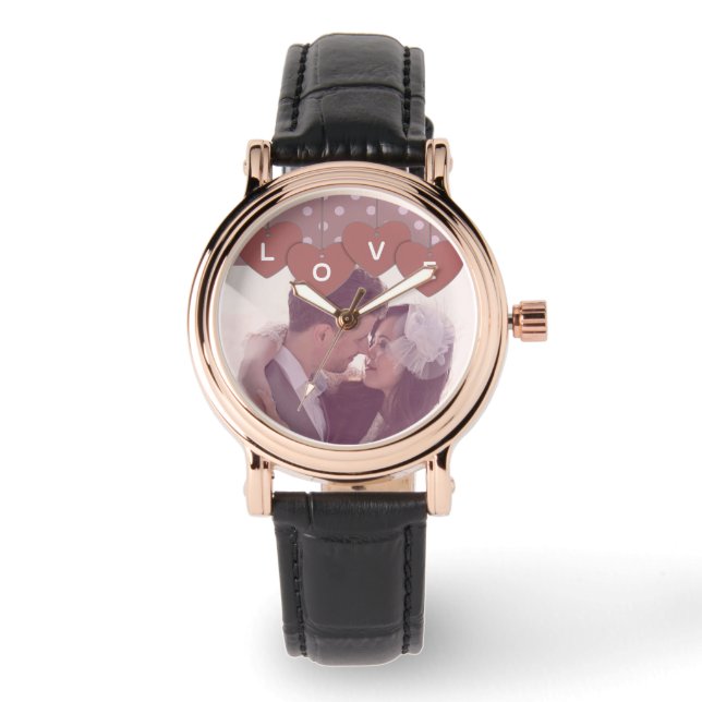 Love Hearts Banner Romantic Overlaid Custom Photo Armbandsur (Framsida)