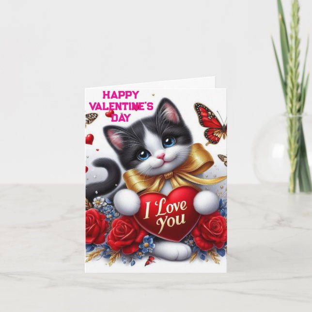 Love Hearts Cute Cat  and Roses Valentines Day Kort (Framsida)
