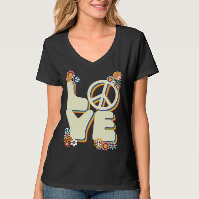 Love Hippie Peace Sign Flowers Groovy 60s 70s Retr T Shirt (Framsida)