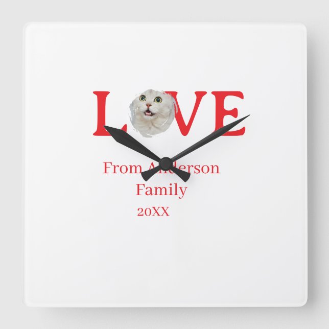 Love holidays cat photo pet family name bold lette fyrkantig klocka (Framsida)