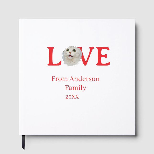 Love holidays cat photo pet family name bold lette gästböcker (Framsida)