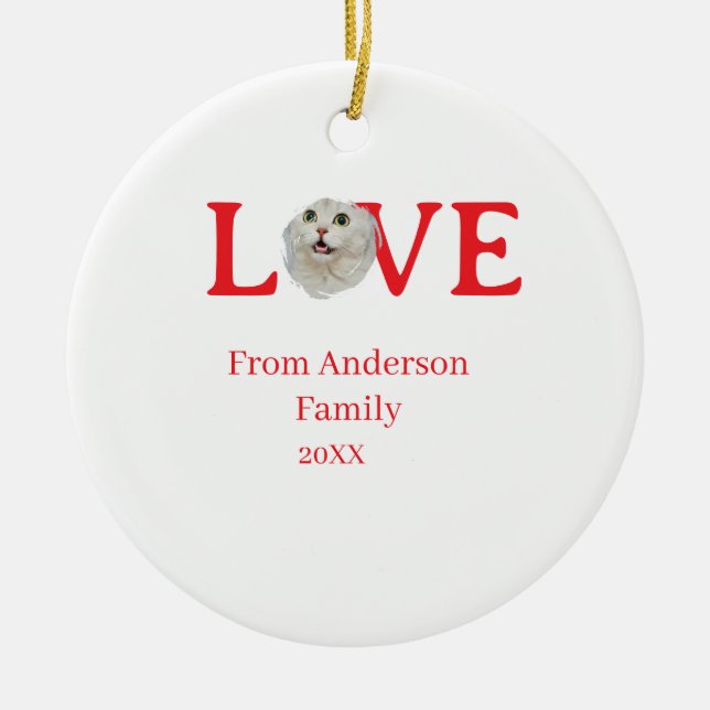Love holidays cat photo pet family name bold lette julgransprydnad keramik (Framsidan)