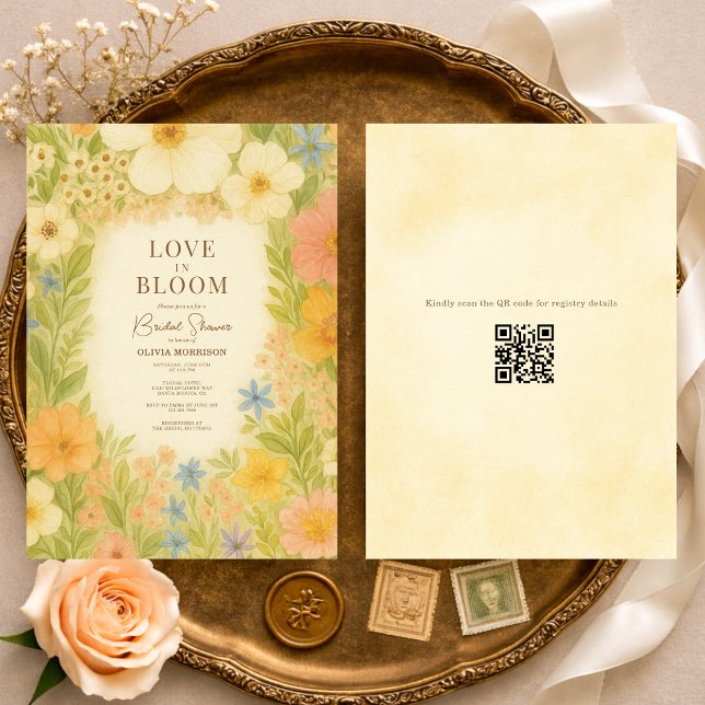 Love in Bloom Botanical QR Code Bridal Shower Inbjudningar (Skapare uppladdad)