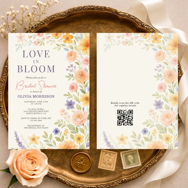 Love In Bloom Floral QR Code Bridal Shower Inbjudningar (Skapare uppladdad)