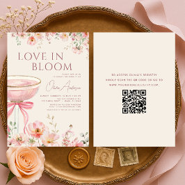 Love in Bloom QR Code Champagne Bow Bridal Shower Inbjudningar