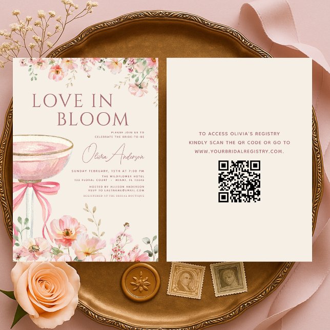 Love in Bloom QR Code Champagne Bow Bridal Shower Inbjudningar (Skapare uppladdad)
