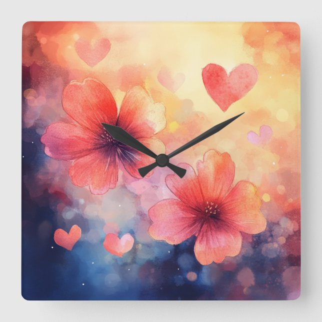Love in Bloom – Romantic Square Floral Wall Clock Fyrkantig Klocka (Framsida)