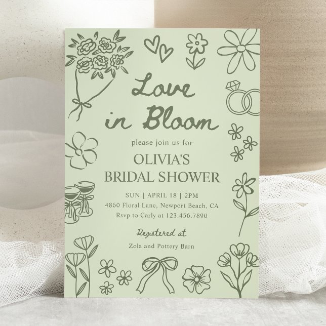 Love in Bloom Sage Green Hand Drawn Bridal Shower Inbjudningar (Skapare uppladdad)